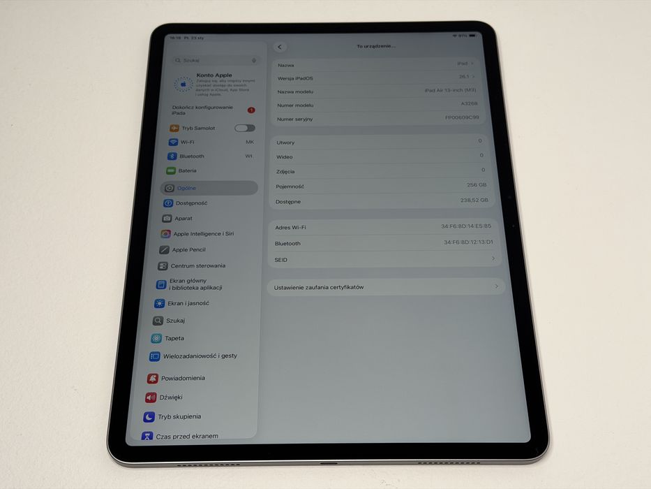 iPad Air 7 13 (A3268) - 256GB - Apple M3 - wada - faktura VAT 23%