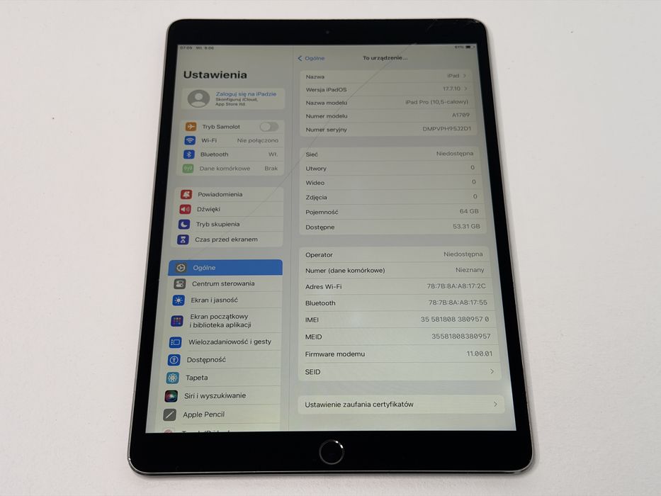 iPad Pro 10.5 (A1709) - 64GB - Cellular (LTE) - pęknięty - faktura VAT 23%