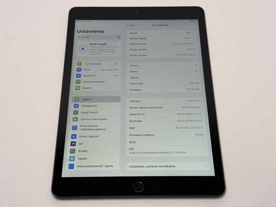 iPad 8. gen. (A2429) - 128GB - Cellular (LTE) - Space Gray - faktura VAT 23%