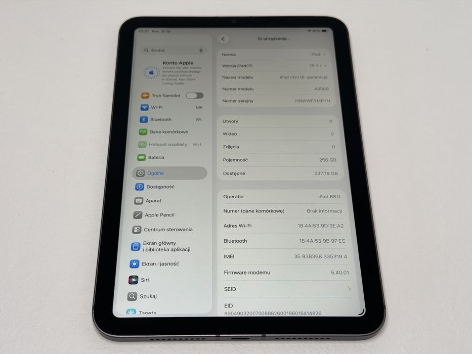 iPad mini 6 (A2567) - 256GB - Cellular (LTE) - faktura VAT 23%