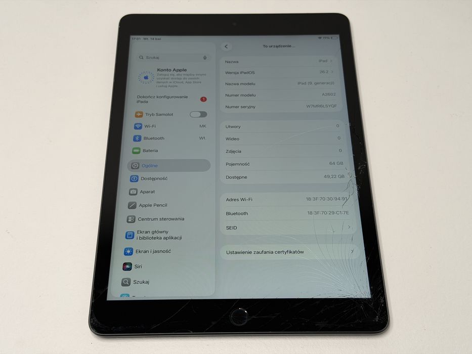 iPad 9. gen. (A2602) - 64GB - zbity - faktura VAT 23%