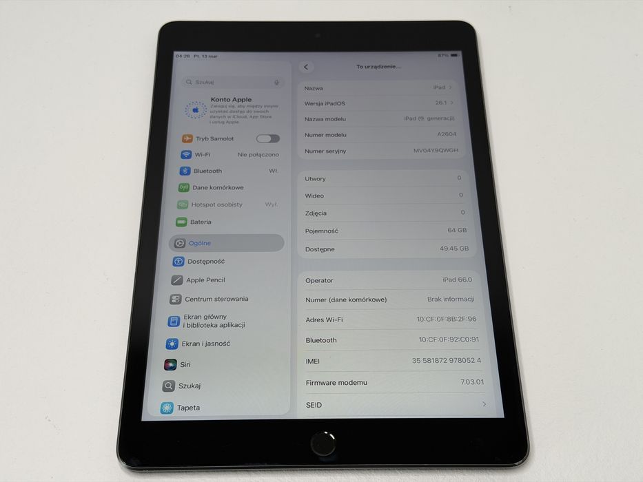 iPad 9. gen. (A2604) - 64GB - Cellular (LTE) - faktura VAT 23%