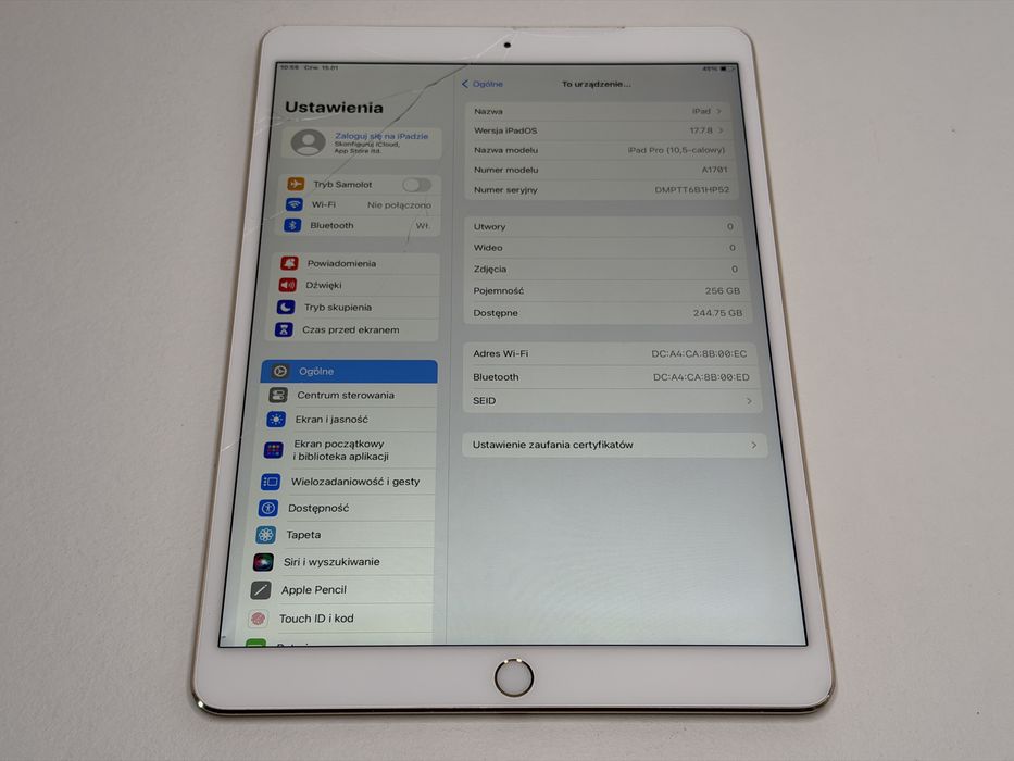 iPad Pro 10.5 (A1701) - 256GB - pęknięty - faktura VAT 23%