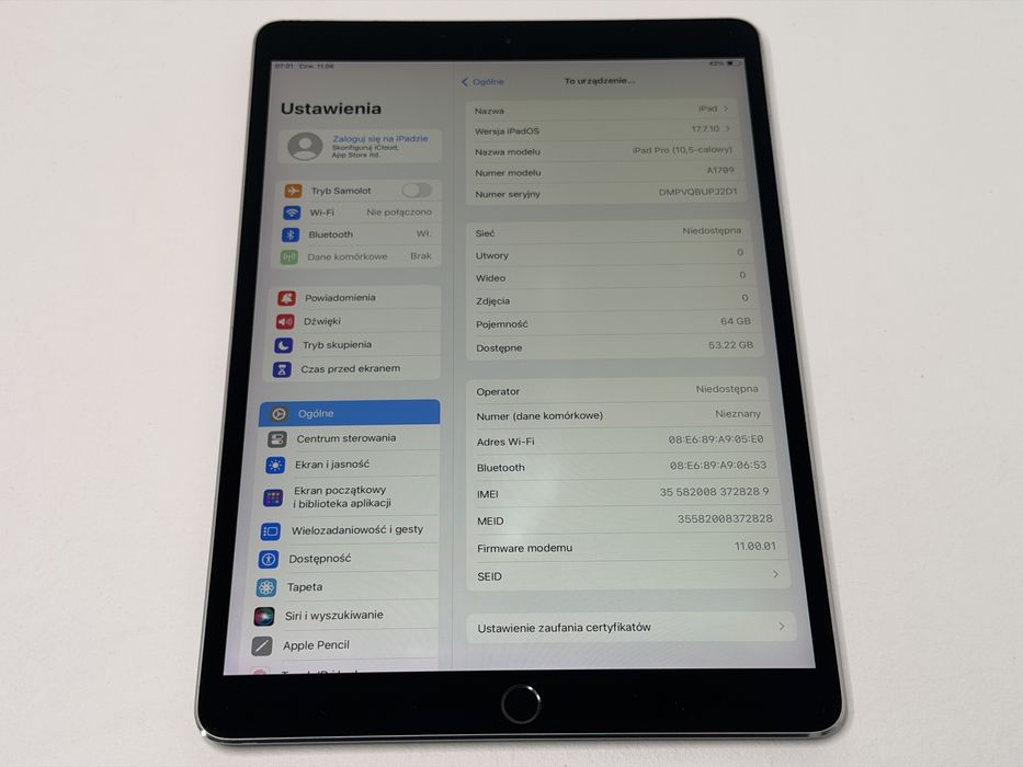 iPad Pro 10.5 (A1709) - 64GB - Cellular (LTE) - faktura VAT 23%