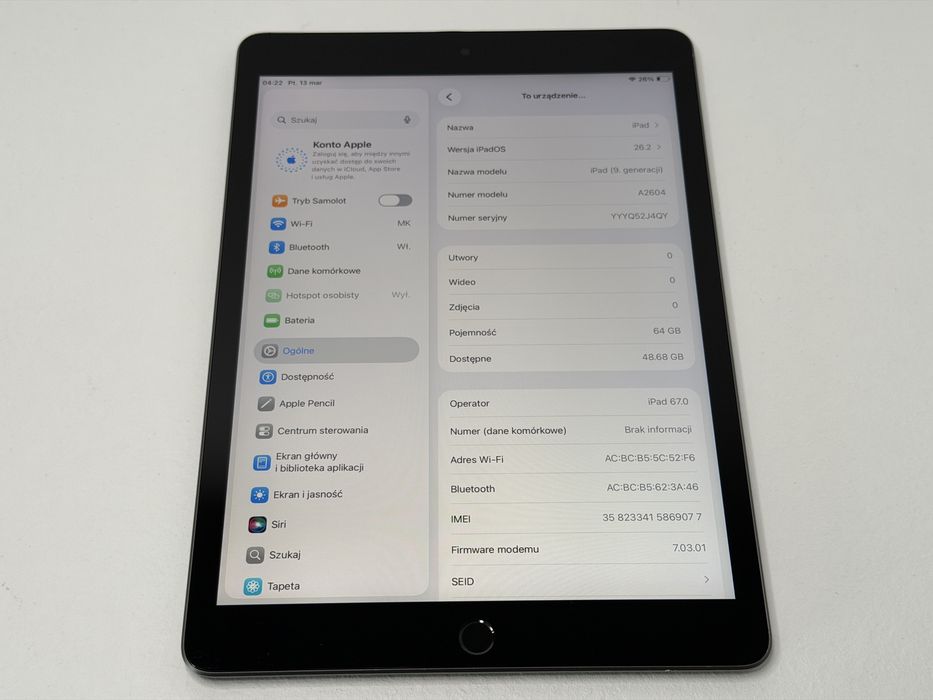 iPad 9. gen. (A2604) - 64GB - Cellular (LTE) - faktura VAT 23%