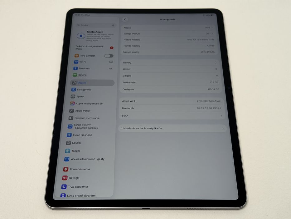 iPad Air 6 13 (A2898) - 128GB - Apple M2 - wada - faktura VAT 23%