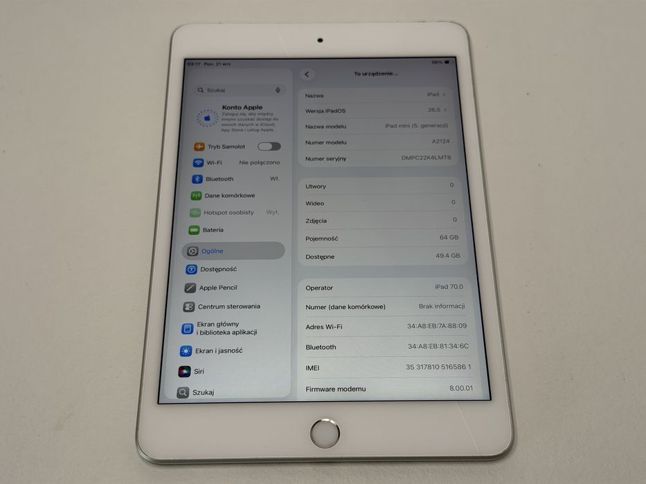 iPad mini 5 (A2124) - Cellular (LTE) - 64GB - Silver - faktura VAT 23%