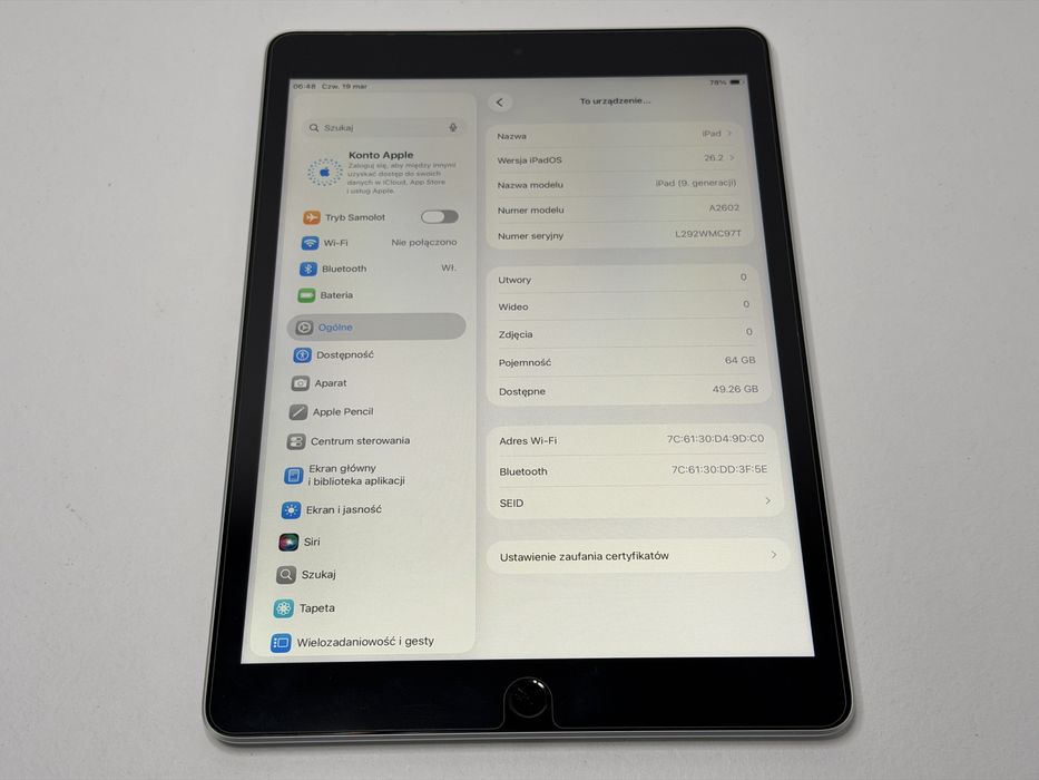 iPad 9. gen. (A2602) - 64GB - wada - faktura VAT 23%