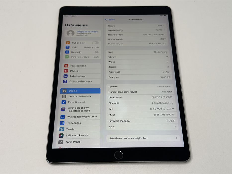 iPad Pro 10.5 (A1709) - 64GB - Cellular (LTE) - faktura VAT 23%