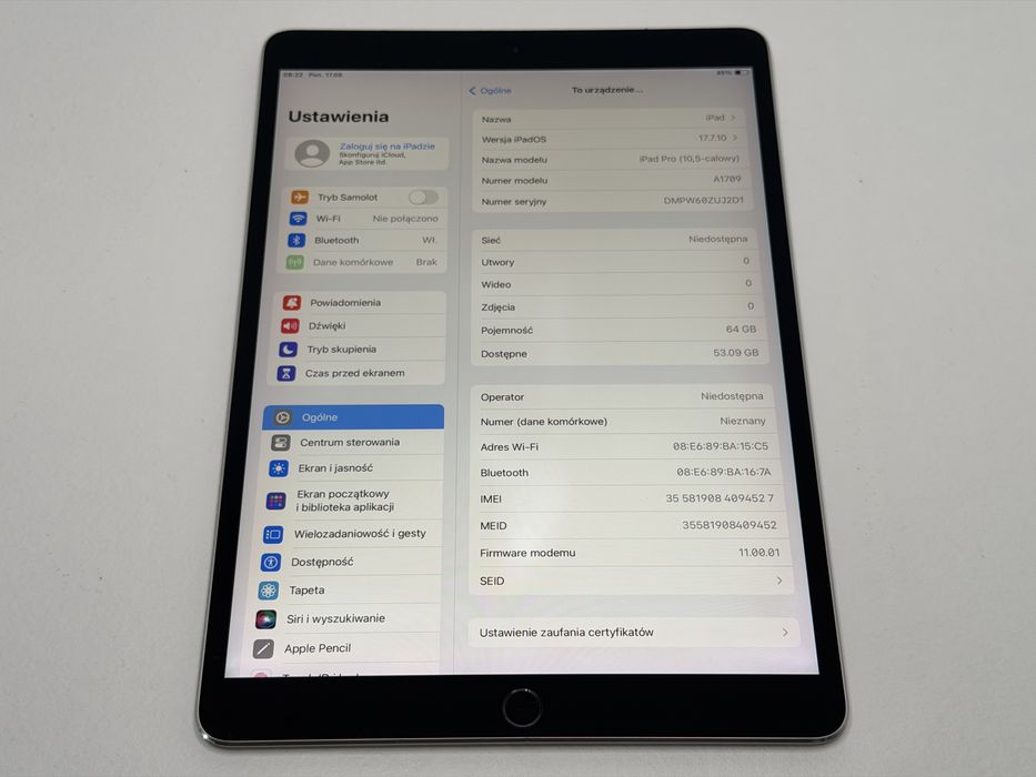 iPad Pro 10.5 (A1709) - 64GB - Cellular (LTE) - Space Gray - faktura VAT 23%