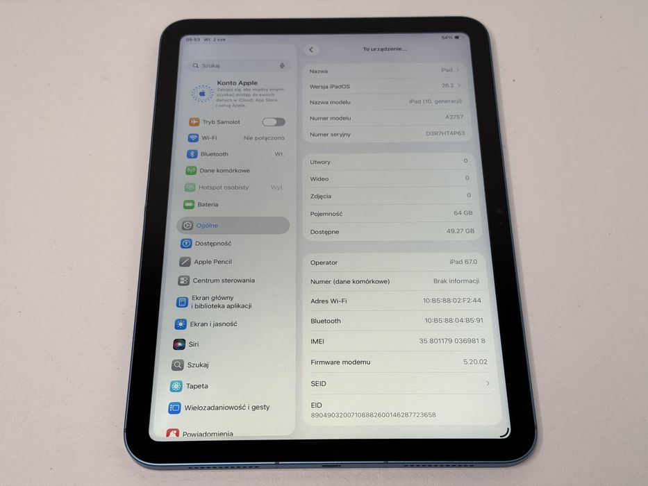 iPad 10. gen. (A2757) - 64GB - Cellular (LTE) - faktura VAT 23%