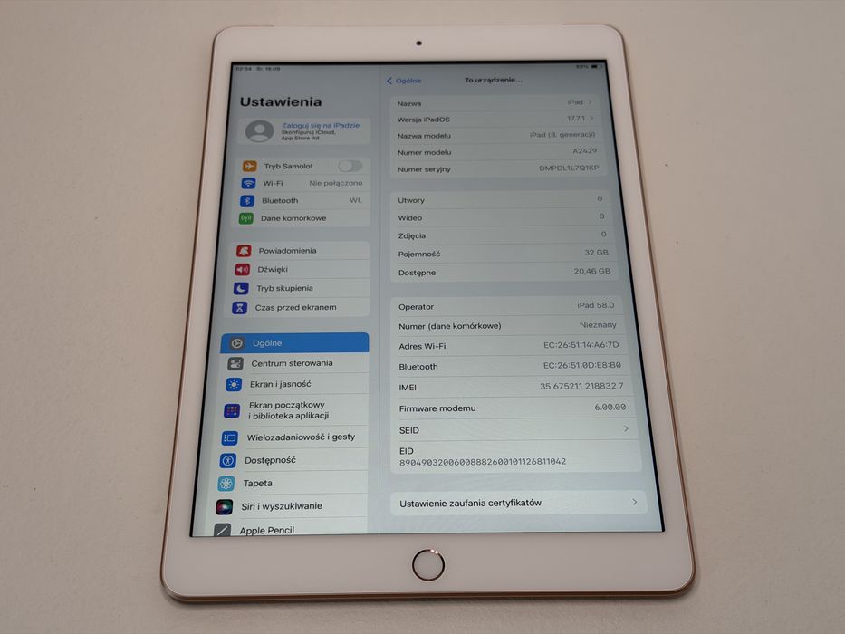 iPad 8. gen. (A2429) - 32GB - Cellular (LTE) - Gold - faktura VAT 23%