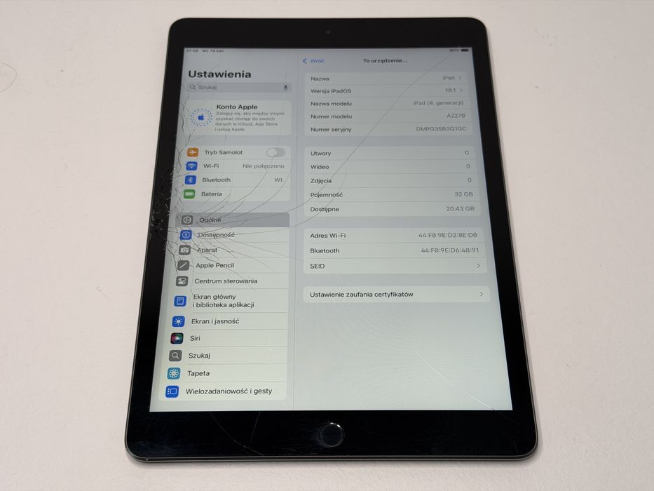iPad 8. gen. (A2270) - 32GB - zbity - faktura VAT 23%