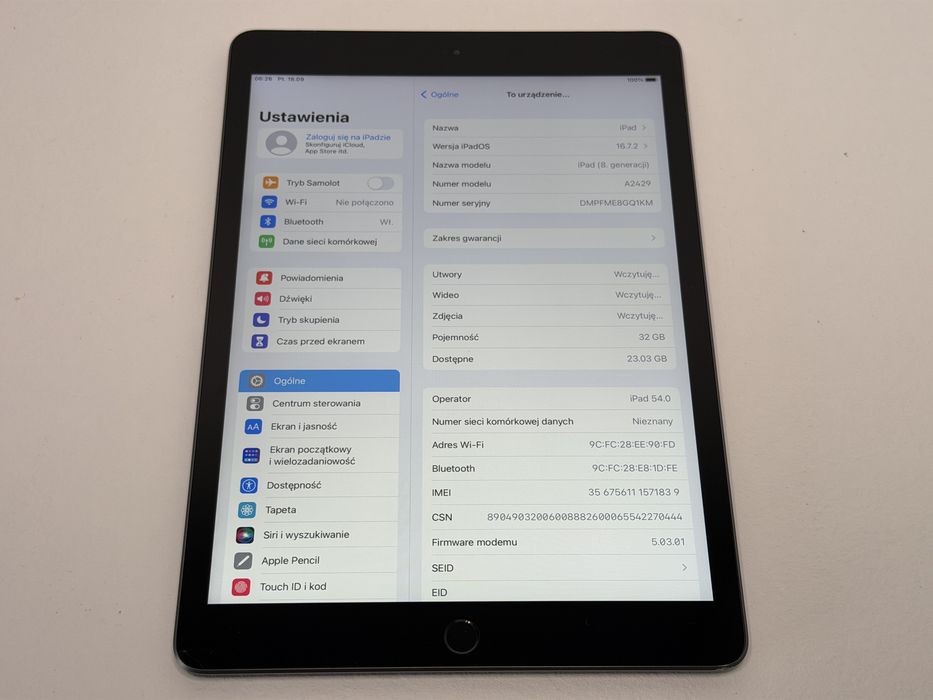 iPad 8. gen. (A2429) - 32GB - Cellular (LTE) - Space Gray - faktura VAT 23%