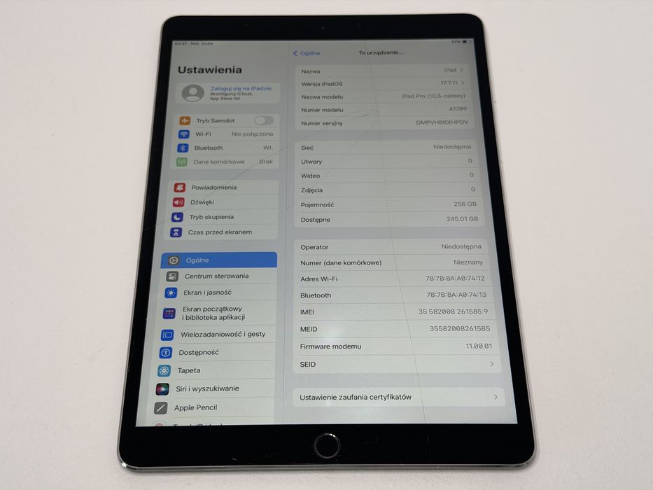 iPad Pro 10.5 (A1709) - 256GB - Cellular (LTE) - Space Gray - pęknięty - faktura VAT 23%